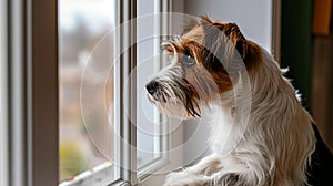 Small dog waiting at sunny window, perfect for text placement, emphasizes pet human bond