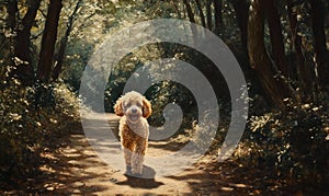 A small dog is walking down a path in the woods