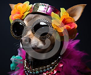 A small dog wearing a colorful costume and sunglasses. Generative AI image.