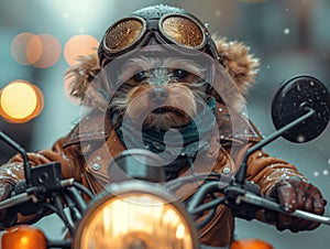 Small Dog Wearing Helmet and Goggles on Motorcycle.