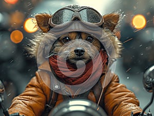 Small Dog Wearing Helmet and Scarf on Motorcycle.