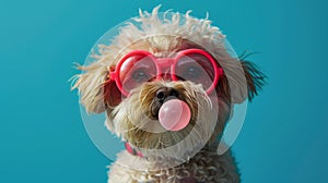 A small dog wearing pink glasses blowing a bubble