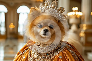 A small dog wearing a tia with pearls on it's head. Generative AI photo