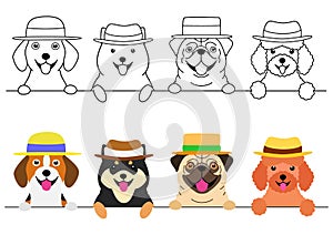 Small dogs with straw hat in a row