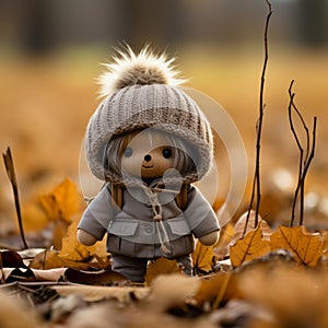 a small doll wearing a coat and hat in the middle of a pile of fallen leaves