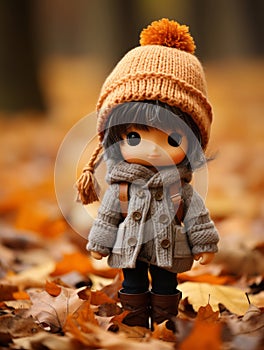 a small doll wearing an orange hat and coat standing in the middle of a pile of fallen leaves