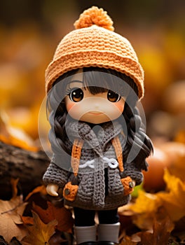 a small doll wearing an orange hat and gray coat standing in front of a pile of fallen leaves