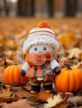 a small doll wearing an orange hat and scarf sits on the ground surrounded by pumpkins