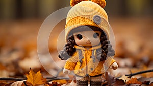 a small doll wearing a yellow coat and hat standing in a pile of fallen leaves