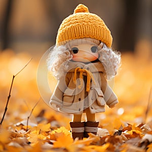 a small doll wearing a yellow coat and yellow hat standing in the middle of a pile of fallen leaves