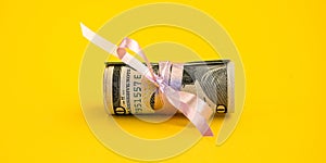 Small dollar gift, Bundle of bills of one hundred dollars tied with a pink ribbon. Dollars isolated on yellow background