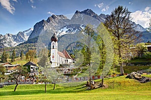 Small domed village church with Wetterstein in Grainau Bavaria