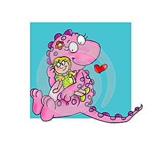 The small dragon with doll colored illustration humorist button or icon for website photo