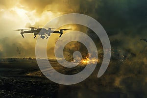 Small drone flying over battlefield, collecting valuable enemy intelligence for allied forces photo