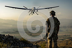 Small drone taking flight to survey battlefield, gathering intel for allied forces photo