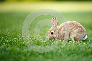 A small Eastern Cottontail rabbit is resting on the grassy groundcover