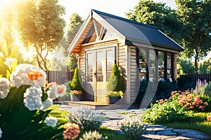 Small eco friendly wooden summer cottage with flowers in the garden