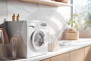 small economical modern washing machine on a countertop in a bright room