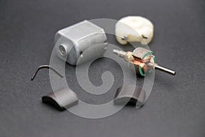 Small electric motor called as toy dc motor with its parts disassembled for education purpose