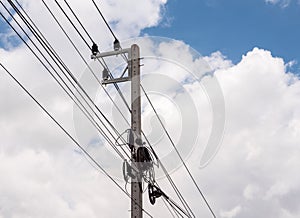 Small electric pole with the telephone cable.