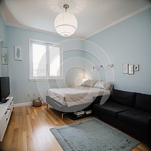 Small and elegant studio apartment with bedroom and living room separated by glass wall