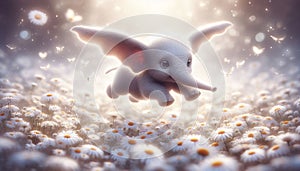 A small elephant flying gracefully in a field of white daisies illuminated by a soft, ethereal light