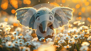 A small elephant flying gracefully in a field of white daisies illuminated by a soft, ethereal light