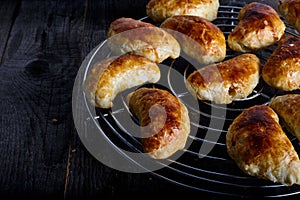 Small empanadas with meat on a white plate