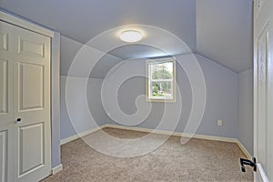 Small empty blue bedroom accented with vaulted ceiling