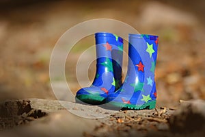 Small blue children rubber boots with colorful stars staning in autum forest surronding photo