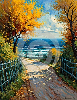 A small empty road to the breathtaking blue sea, at a beautiful summer, with trees, iron fence, wildplants, painting art photo