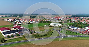 Small European city aerial view. german village aerial view. Agricultural fields near a small town. european landscape