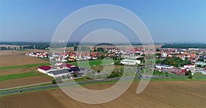 Small European city aerial view. german village aerial view. Agricultural fields near a small town. european landscape