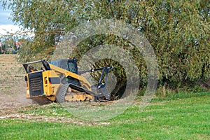 Small excavator destroy trees