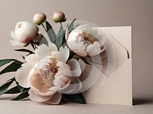 Small exquisite bouquet of cream peonies with an envelope with a blank letter with space for text.