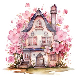 Small fabulous house with pink flowers. Watercolor cartoon illustration isolated on white background