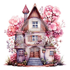 Small fabulous house with pink flowers. Watercolor cartoon illustration isolated on white background