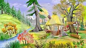 Small Fairy Tale House Near the River in the Autumn Forest