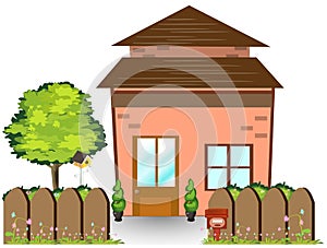 Small Fairy-tale house with nice green court yard and wooden fence, illustration