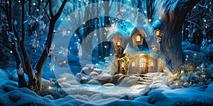 small fairy tale house in a winter snow covered forest, Christmas background with Miniature cottage