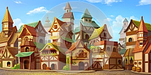 Small Fairy Tale Town. Fiction Backdrop. Concept Art. Realistic Illustration photo