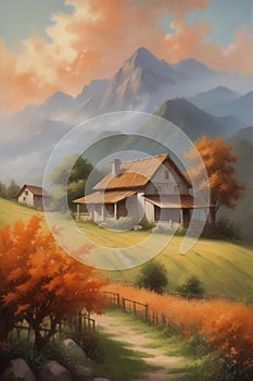 A small farm house with a mountain at the background, tree, grass, plants, soft orange sky, village view, vintage oil painting