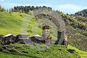 A small farm with traditional Svanetian towers on the background of a green hillside