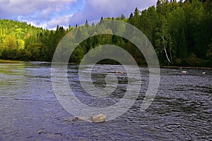 Small fast rifts on the Ural mountain river Usva in the area of the Stolby stone