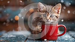 A small Felidae cat is holding a red coffee cup of hot chocolate