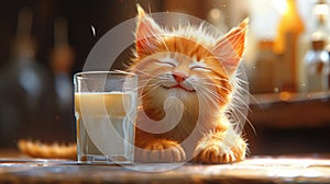 Small Felidae with fawn fur and whiskers next to a glass of milk on a table