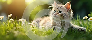 A small Felidae kitten with whiskers laying in grass, gazing at the sun