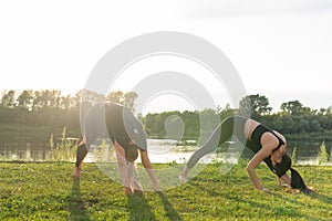 Small female fitness group doing yoga in park on a sunny day