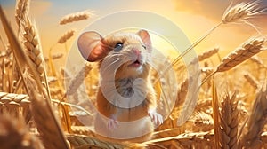 A small field mouse, a rodent sits on a wheat field, among ripe spikelets