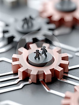 Small figures on interconnected gears symbolizing teamwork.